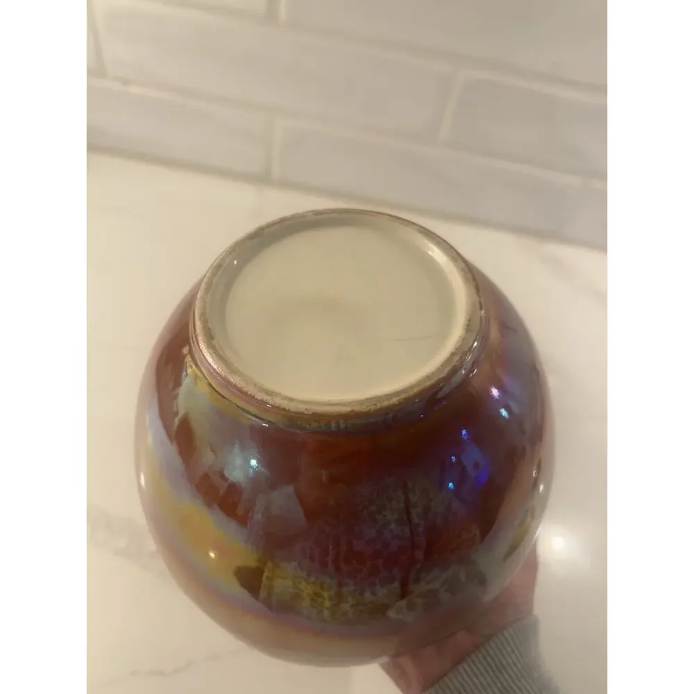 Vtg Fall Pumpkin Canister Orange Lusterware Iridescent Gold Lid Stem Cookie Jar‎